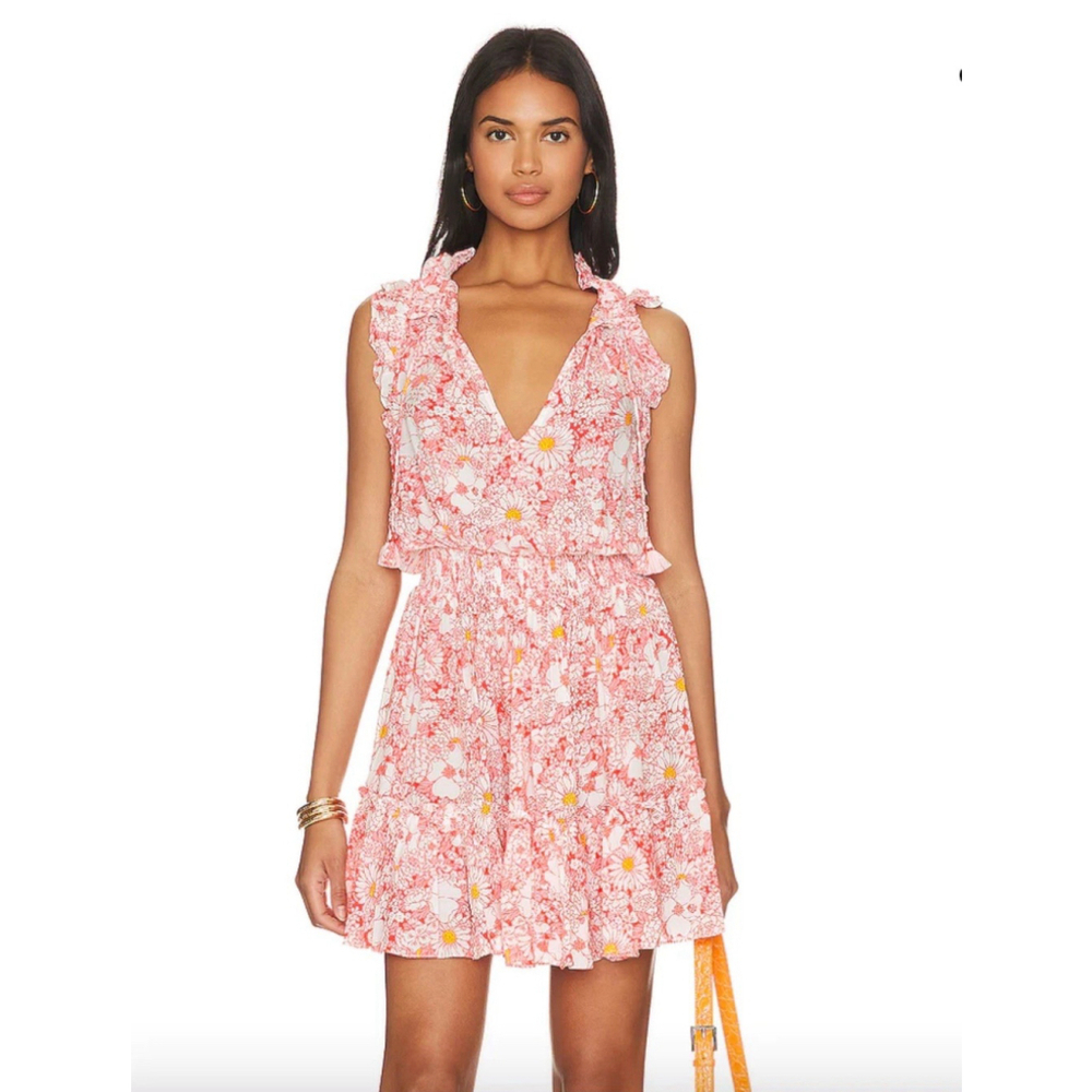 Poupette St. Barth NWT Triny V Neck Ruffle Mini Dress Orange Garden Large Floral